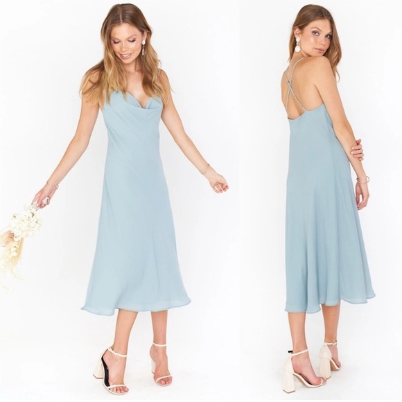 Show Me Your Mumu Women's Verona Cowl Dress Silver Sage Crisp Satin Size L - Picture 1 of 4